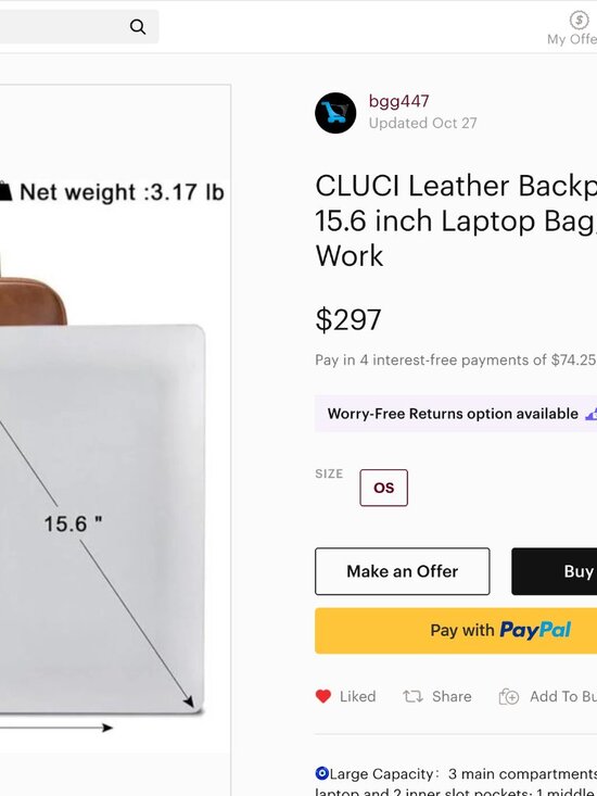 CLUCI Leather Backpack for Women, 15.6 inch Laptop Bag, Large Genuine Work main image 6
